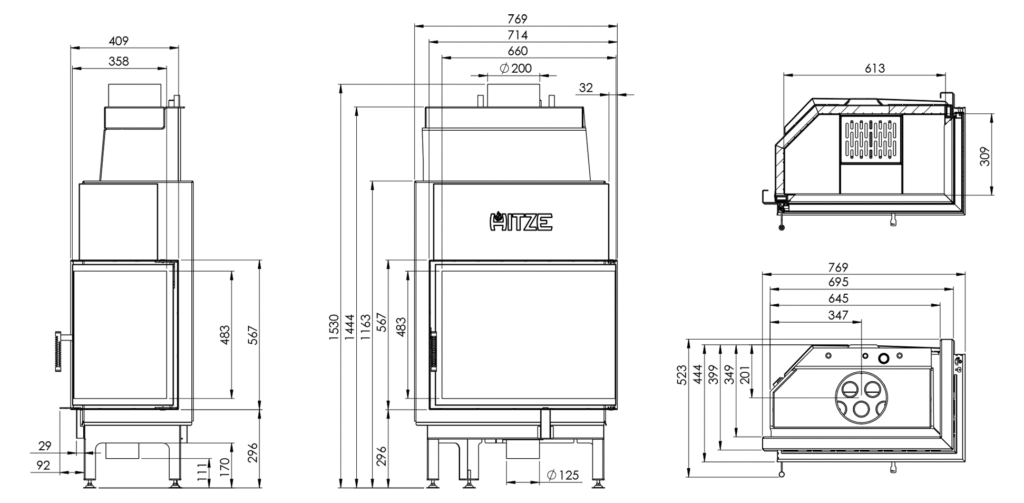 Wkład kominkowy AQUASYSTEM 68×53.R - WYMIARY