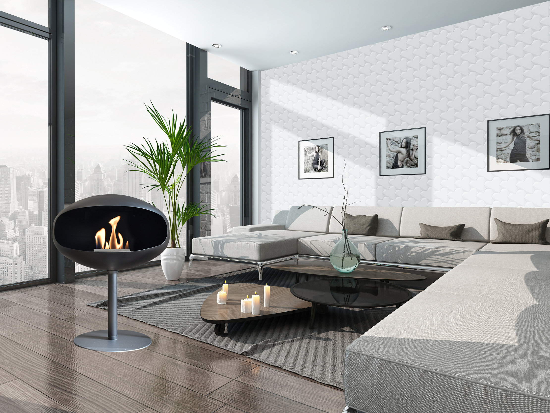 Nice living room interior with couch and brick wall